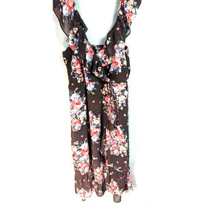 Lily Rose Woman’s Black Floral V Neck Stretch Ruffle Strap Midi Dress XXL
